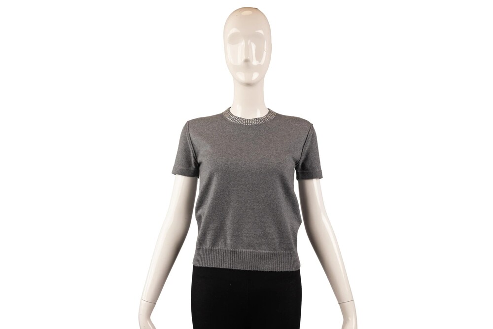 Valentino Gray Crystal Neckline Short-Sleeve Top Size M